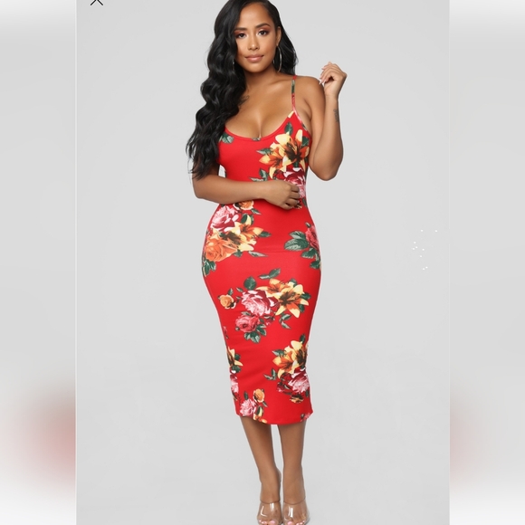 Fashion Nova Dresses & Skirts - Fashion Nova Red Floral Bodycon Midi Dress